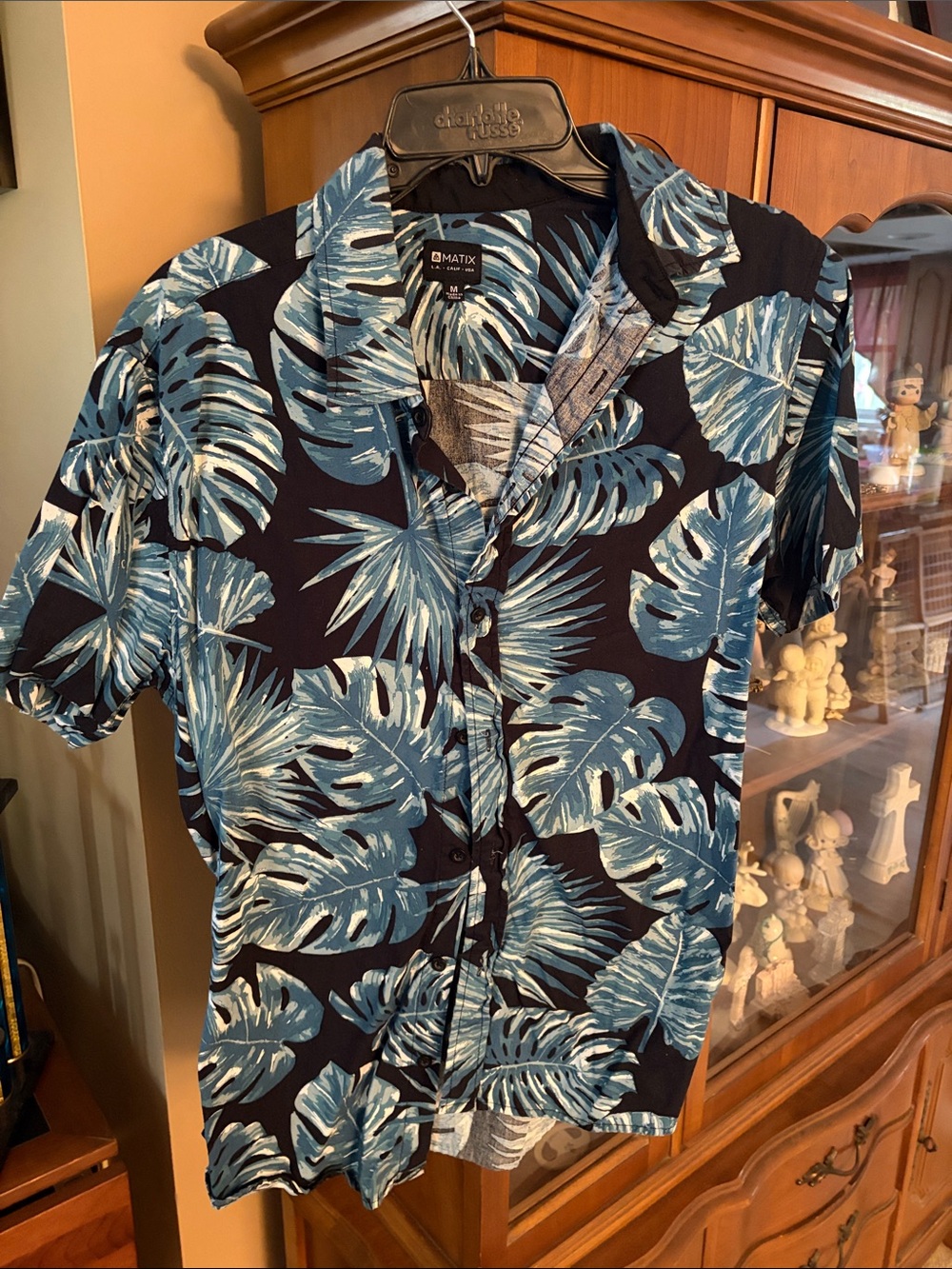 Matix Black Short-Sleeve Button-Down Shirt with Blue Tropical Leaf Print